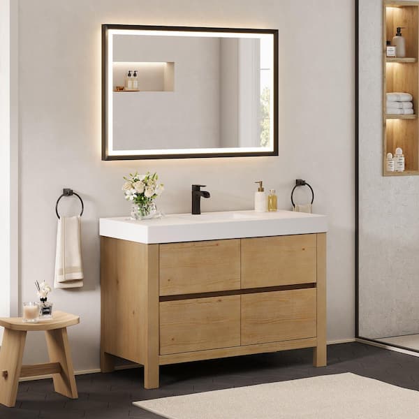 Cascadia 48 in. Single Freestanding Weathered Fir Bath Vanity with White Artificial Stone Top Assembled, Mirror