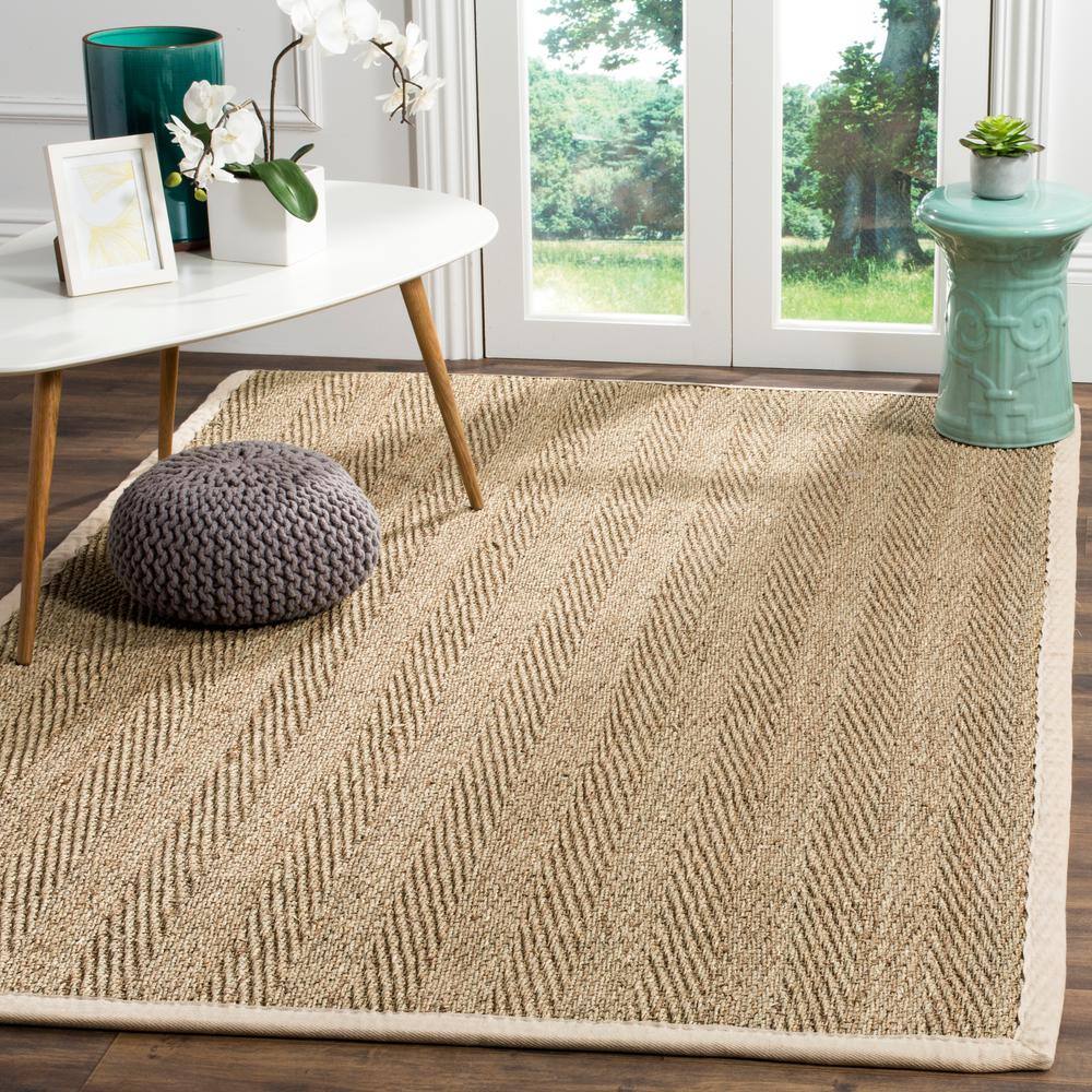 Ivory and Natural Herringbone Seagrass Area Rug, 5' x 8'