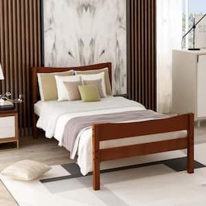 Walnut Brown Wood Frame Twin Size Platform Bed with Curve-lined Headboard and Footboard