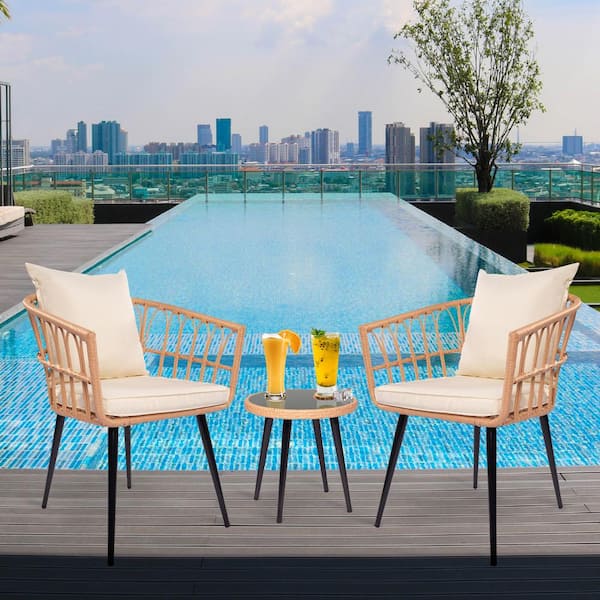 Unbranded 3-Piece Wicker Outdoor Bistro Furniture Set with Glass Coffee Table for Patio, Garden, Backyard, Balcony, Beige Cushions
