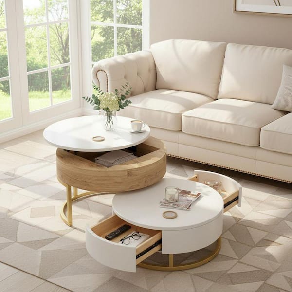 31.5 in. White and Natural Wood Lift-top Nesting End Table with 2 Drawers