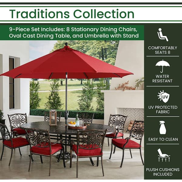 Hanover Traditions 9 Piece Aluminum Outdoor Dining Set With Red Cushions 8 Chairs Oval Cast Top Table Umbrella And Stand Traddn9pcov Su R - Patio Furniture Sets With Umbrella Home Depot
