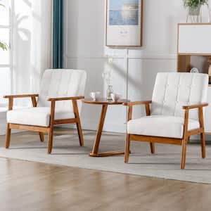 Modern Beige 3-Pieces Upholstered Accent Chairs Set of 2 with Round Side Table Wood and Fabric Armchairs Side Chair