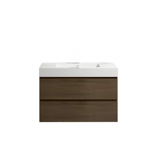 Aoibox 36 in. W x 18.1 in. D x 25.2 in. H Wall Mounted Floating Bathroom Vanity in Dark Oak with White Top Single Sink