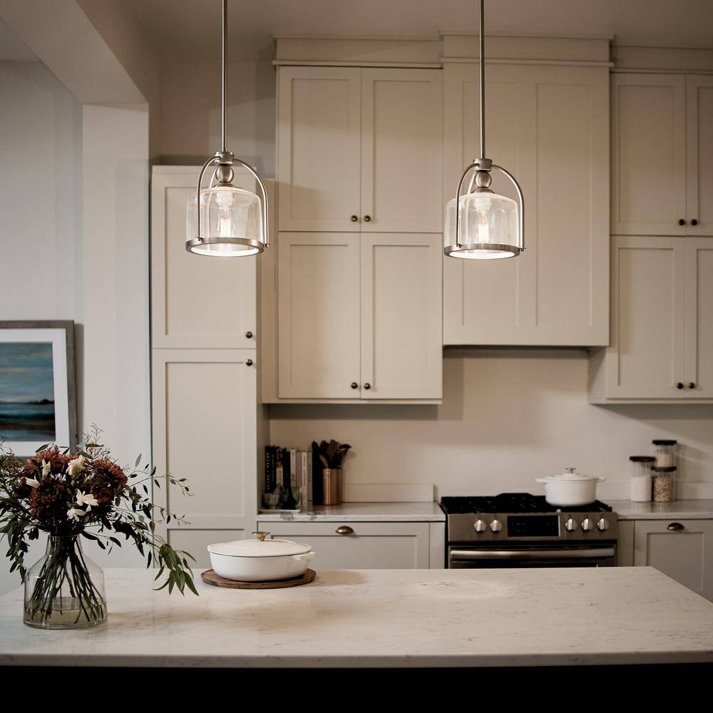 Transitional Brushed Nickel Mini Pendant with Clear Glass Shade