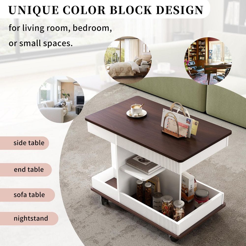 29.5 in. White Rectangle MDF Lift Top End Table, Side Table with 360° Rotating Tabletop Storage & Lockable Caster - thumbnail 8