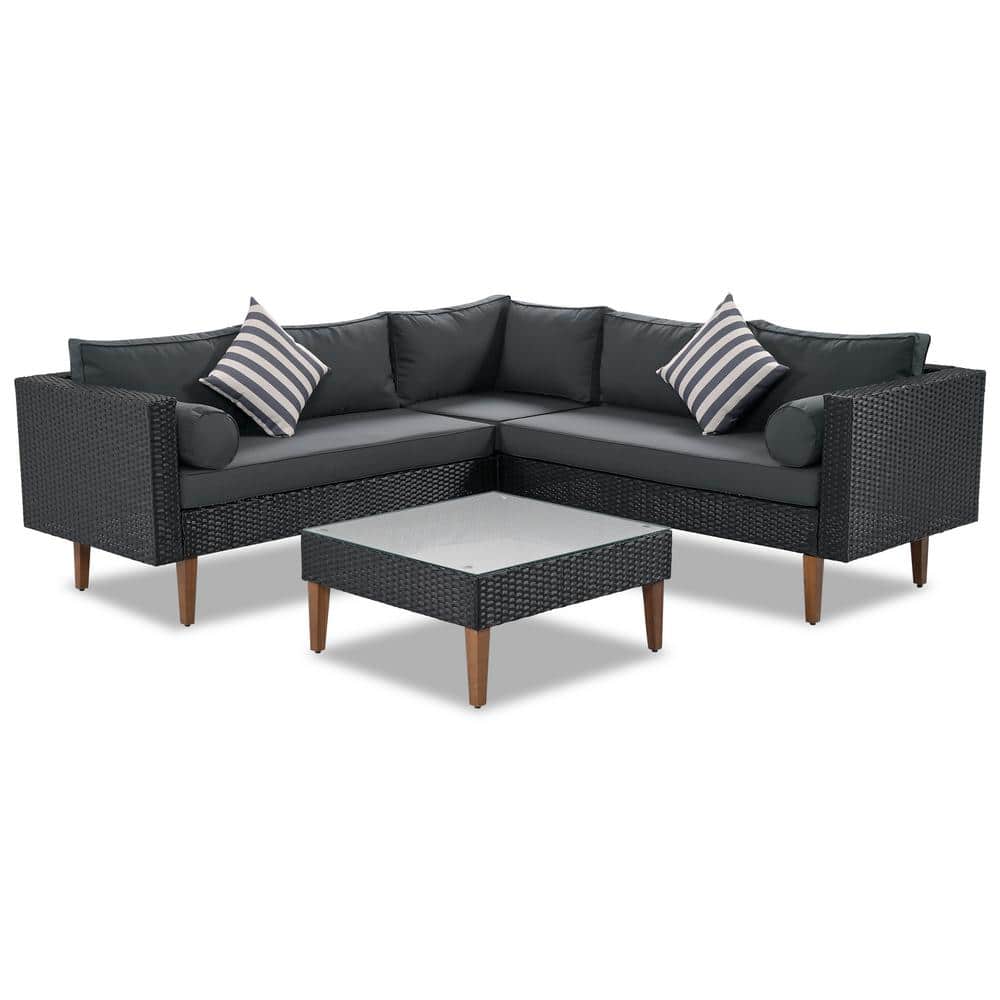 Black 4-Piece Wicker Outdoor L-Shaped Sectional Set Patio Sofa Set with Gra