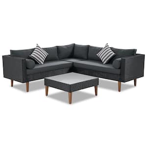 Black 4-Piece Wicker Outdoor L-Shaped Sectional Set Patio Sofa Set with Gray Cushion and Coffee Table