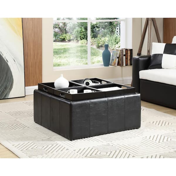 Hodedah Faux Leather Storage Black Ottoman With 4 Flip Over Serving Trays Hi1186 Black The Home Depot