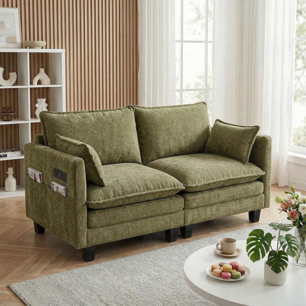 71.3 in. Green Chenille Loveseat Sofa with Dual USB Ports and Side Pockets for Small Spaces price history on PriceWatchPro