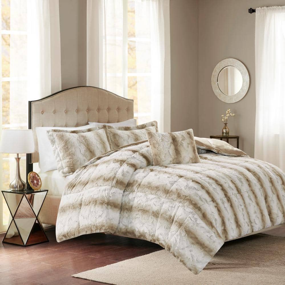 Madison Park Marselle 4-Piece Sand Animal Print Faux Fur Polyester  Full/Queen Comforter Set MP10-4860 - The Home Depot