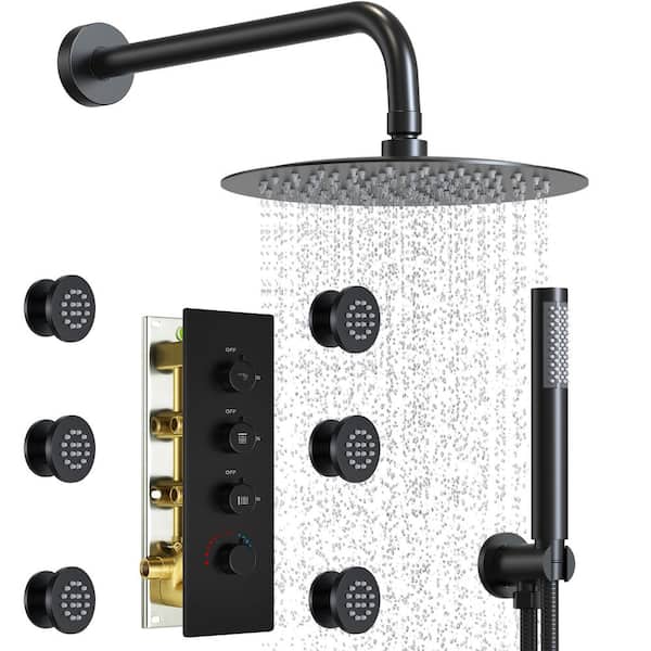 YAWWALK 7-Spray Patterns Thermostatic 12 in. Wall-Mounted Shower Head with 6 Jets in Matte Black (Valve Included)