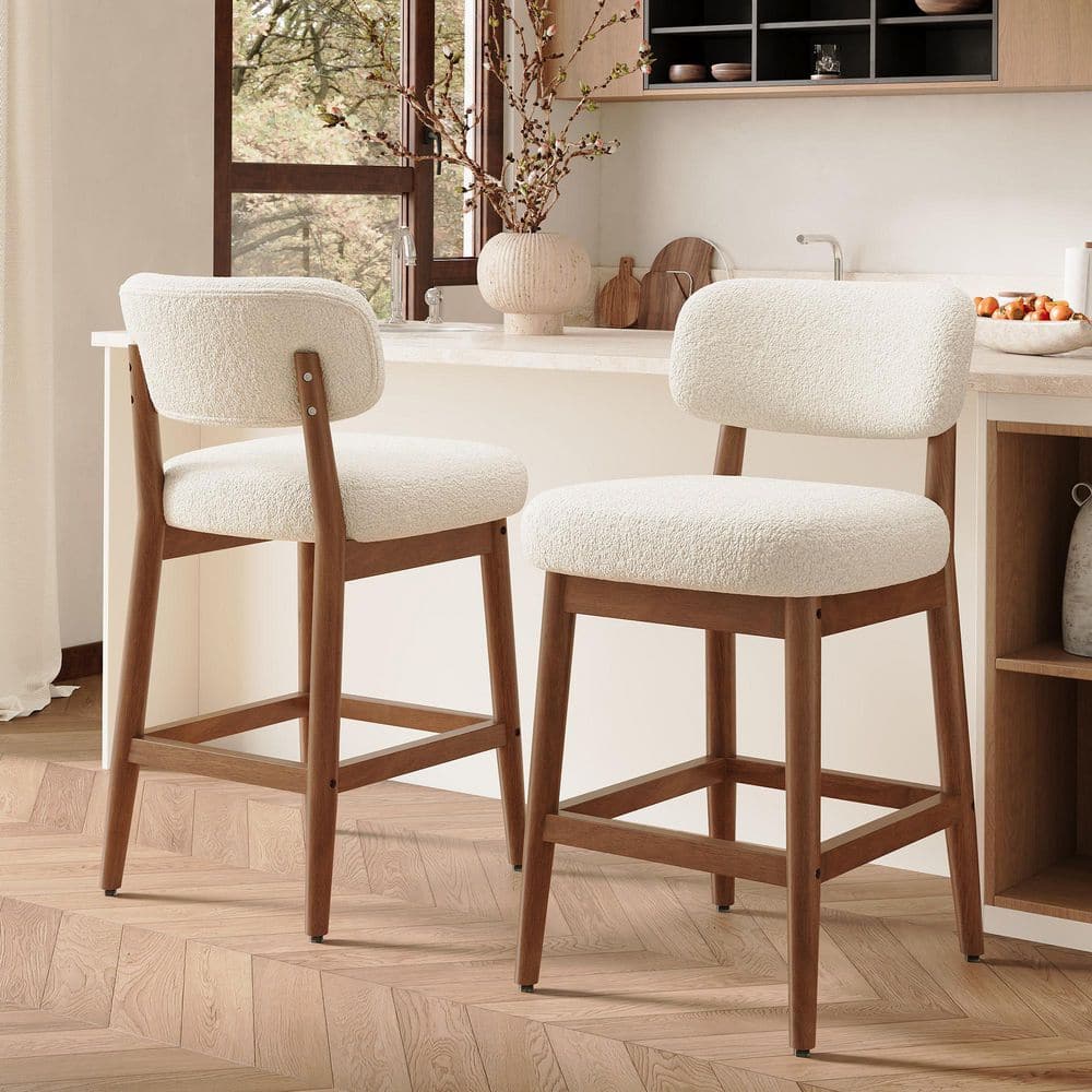 HOMEFUN 25 in. H White Boucle Fabric Solid Wood Frame Bar Stool