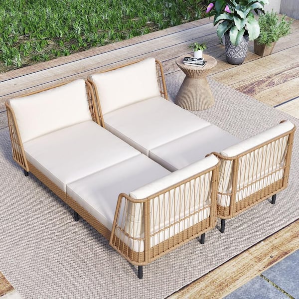 2-Piece Patio Wicker Daybed w/Seat Back Cushions Robust Metal Legs For Backyard