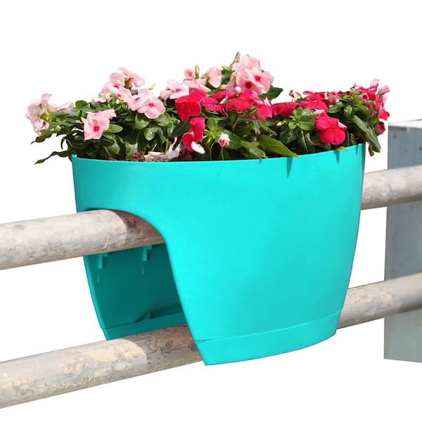 Greenbo XL Deck Rail Planter Box with Drainage Trays, 24 in., Turquoise - Set of 2
