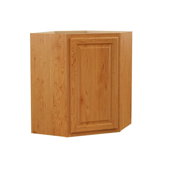 Hampton 24 in. W x 12 in. D x 30 in. H Assembled Diagonal Corner Wall Cabinet in Medium Oak