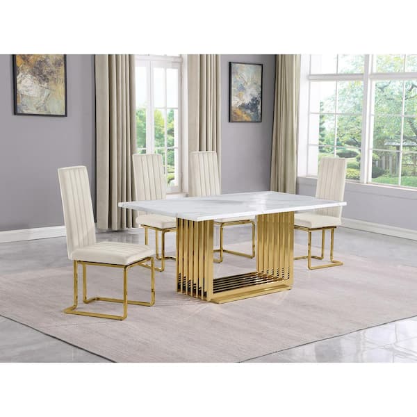 Best Quality Furniture Lisa 5-Piece Rectangle White Marble Top Gold Stainless Steel Base Dining Set With 4-Cream Velvet Gold Leg Chair