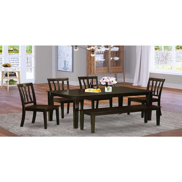 East West Furniture 6-Piece Rectangle Cappuccino Finish Solid Wood Top Dining Table with 1 Bench, 4 Chairs with Lattice Back