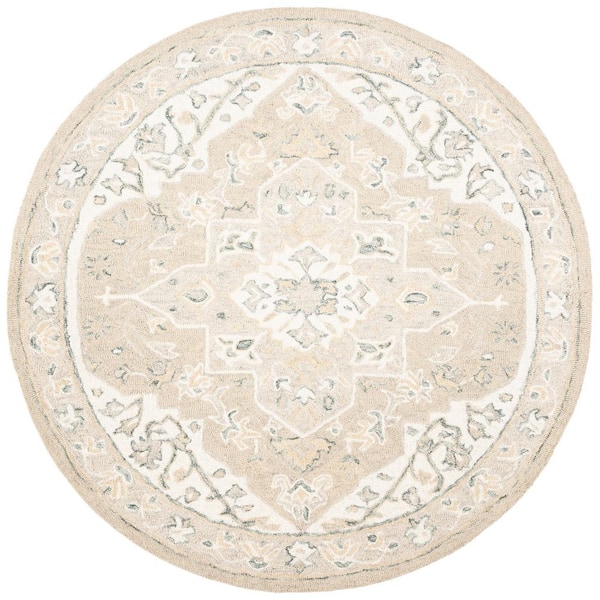 SAFAVIEH Micro-Loop Light Grey/Ivory 5 ft. x 5 ft. Medallion Border Round Area Rug
