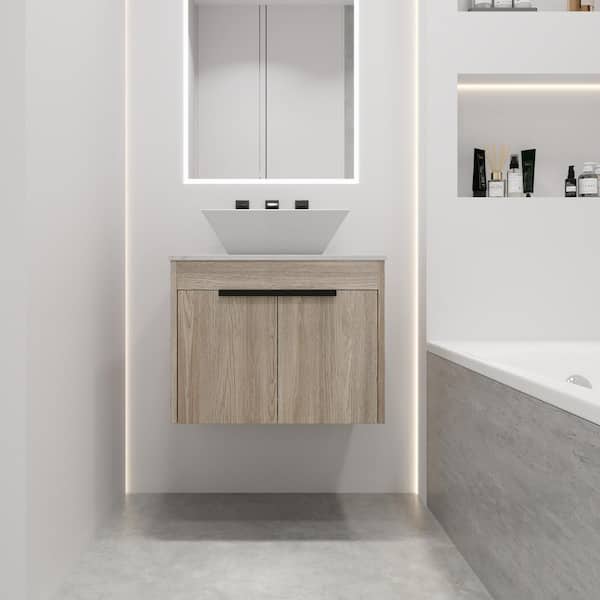 23.6 in. W x 18.9 in. D x 23.3 in. H Modern Float Bath Vanity in White Oak with Ceramic Top,Soft Close Door,Single Sink
