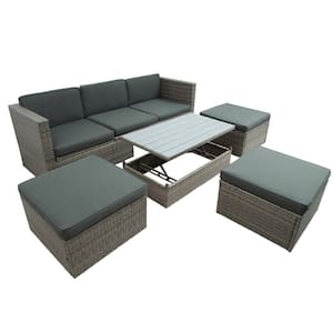 5-Piece Wicker Patio Conversation Set with Gray Cushions Adustable Backrest Ottomans and Lift Top Coffee Table