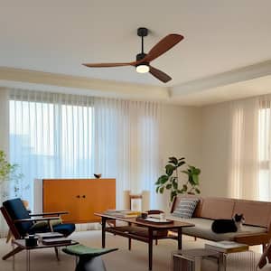 60 in. LED Smart Indoor Black Wood Brushed Iron Low Profile Semi Flush Mount Ceiling Fan with Light with Remote Control