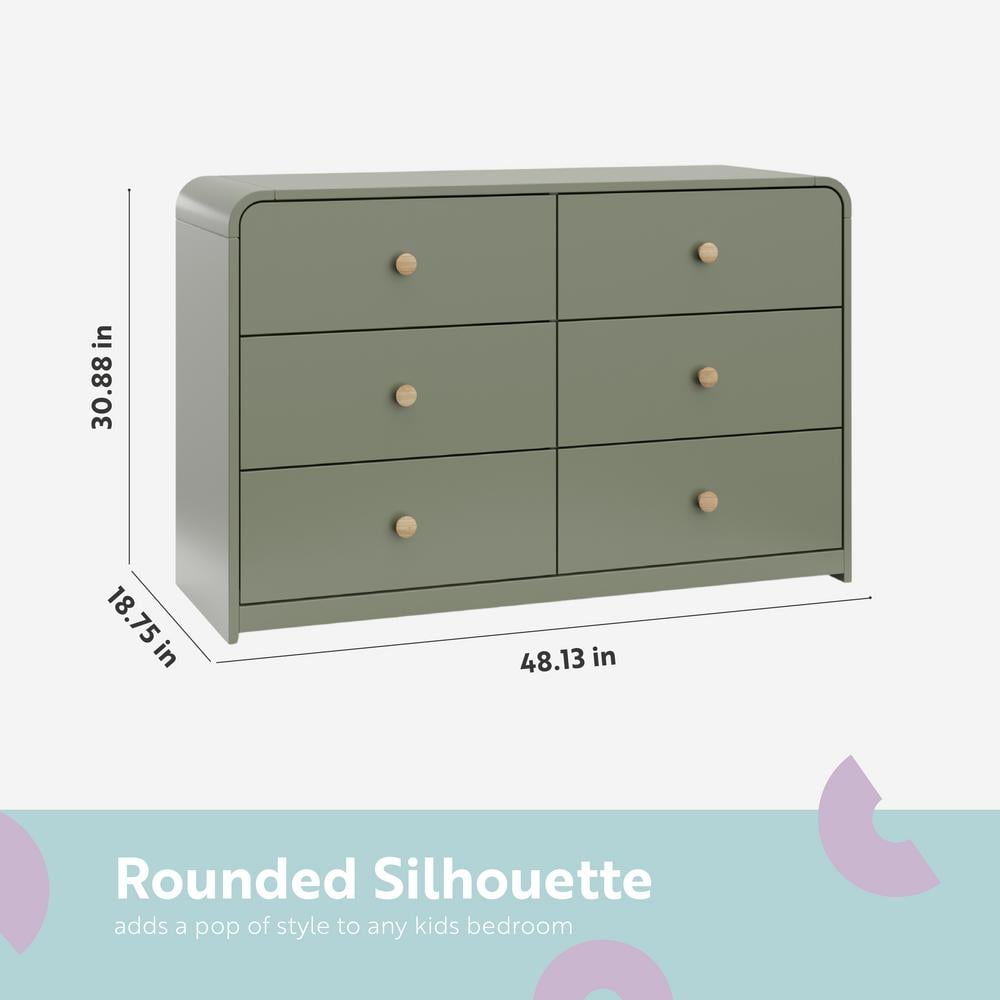 Olive Green 6-Drawer Nursery Dresser with Natural Rubberwood Knobs