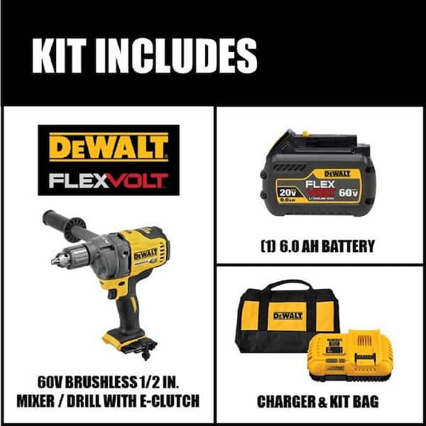 FLEXVOLT 60V MAX Cordless Brushless 1/2 in. Concrete Mud Mixer/Drill with E-Clutch and (1) FLEXVOLT 6.0Ah Battery