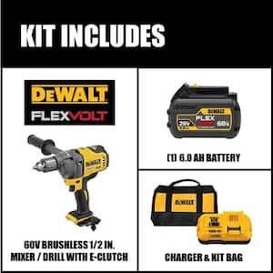 FLEXVOLT 60V MAX Cordless Brushless 1/2 in. Concrete Mud Mixer/Drill with E-Clutch and (1) FLEXVOLT 6.0Ah Battery