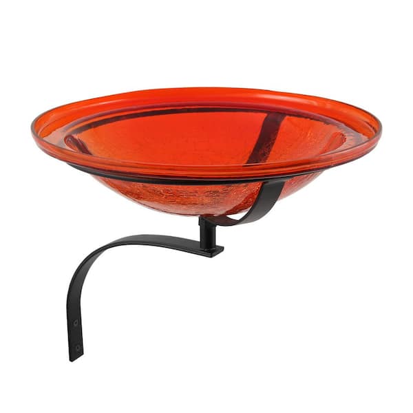 ACHLA DESIGNS 12.5 in. Dia Red Reflective Crackle Glass Birdbath Bowl with Wall Mount Bracket