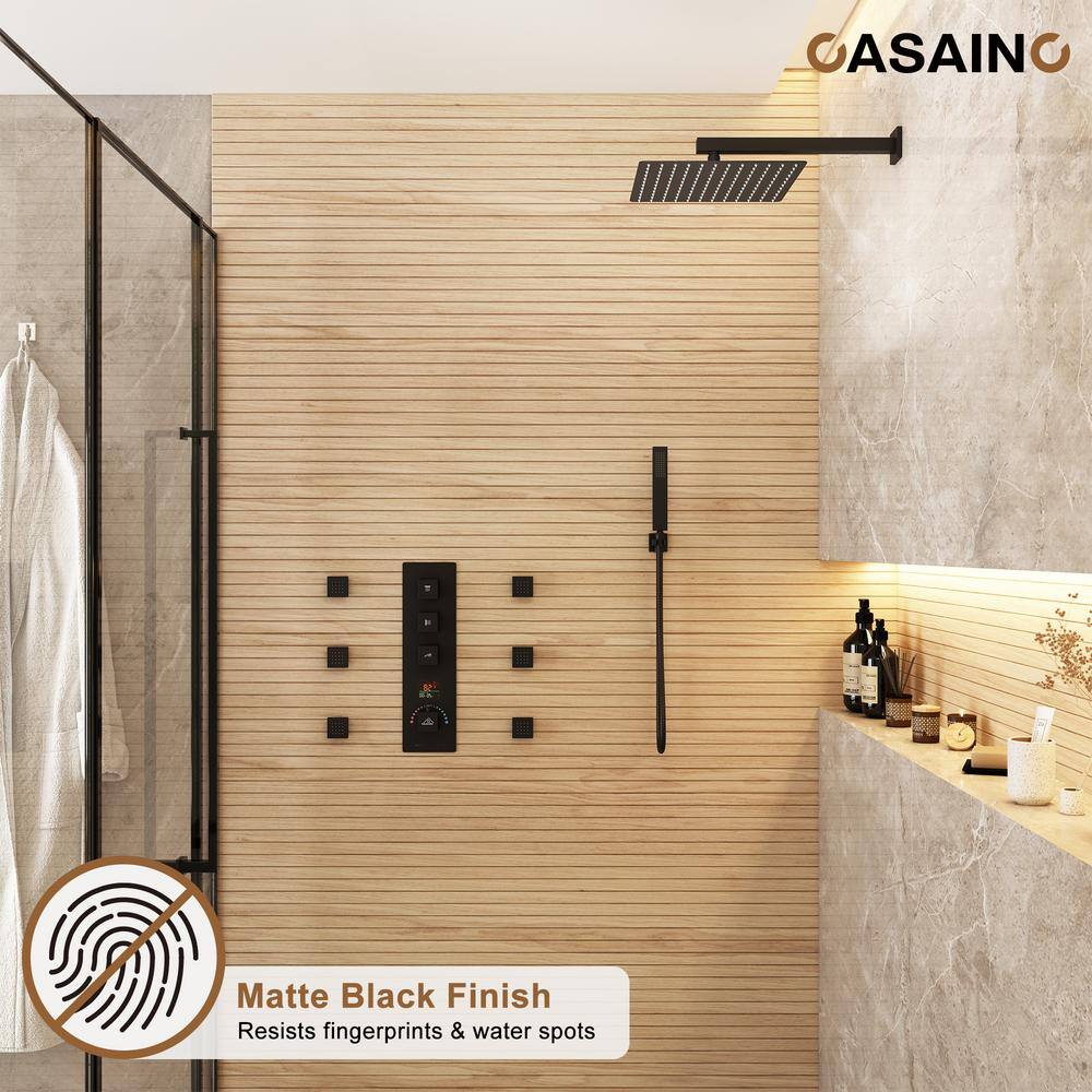 Matte Black Multi-Function Thermostatic Shower System with Digital Display