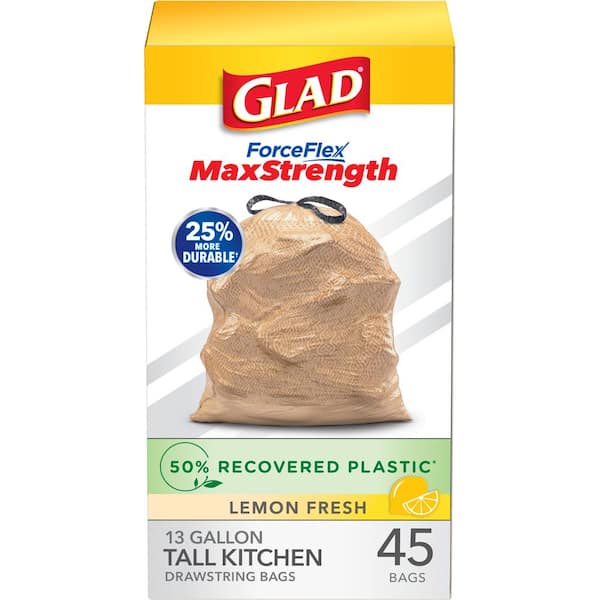Glad ForceFlex MaxStrength 13 Gal. Tall Kitchen Drawstring Lemon Fresh Scent Trash Bags 50% Recovered Plastic (45-Count)