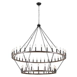 54-Light Black and Wood GRain Candle Design Circle Wagon Wheel Chandelier 2-Tier Farmhouse Chandelier for Dining Room