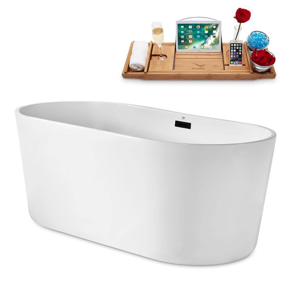 Glossy White Freestanding Acrylic Bathtub with Bamboo Tray