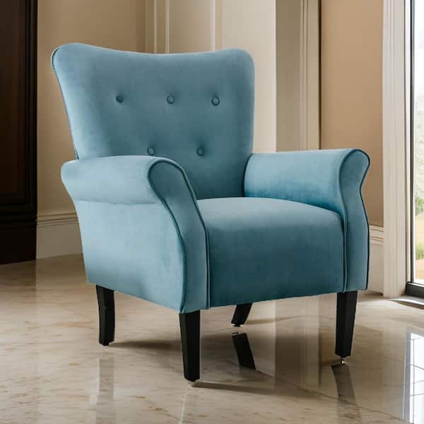 Benjara Blue Fabric Arm Chair with Button Tufted Back and Rolled Arms