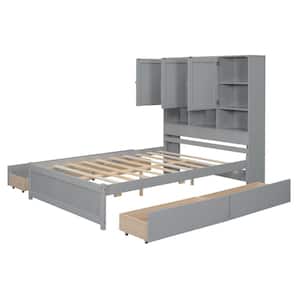 Gray Wood Frame Full Size Platform Bed with Storage Headboard and 4 Drawers