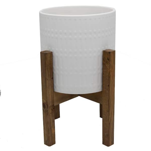 10 in. Corrine Medium White Ceramic Planter (10 in. D x 16 in. H) with Wood Stand