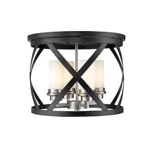 Malcalester 15.75 in. 4-Light Matte Black and Brushed Nickel Flush Mount with White Glass Shade