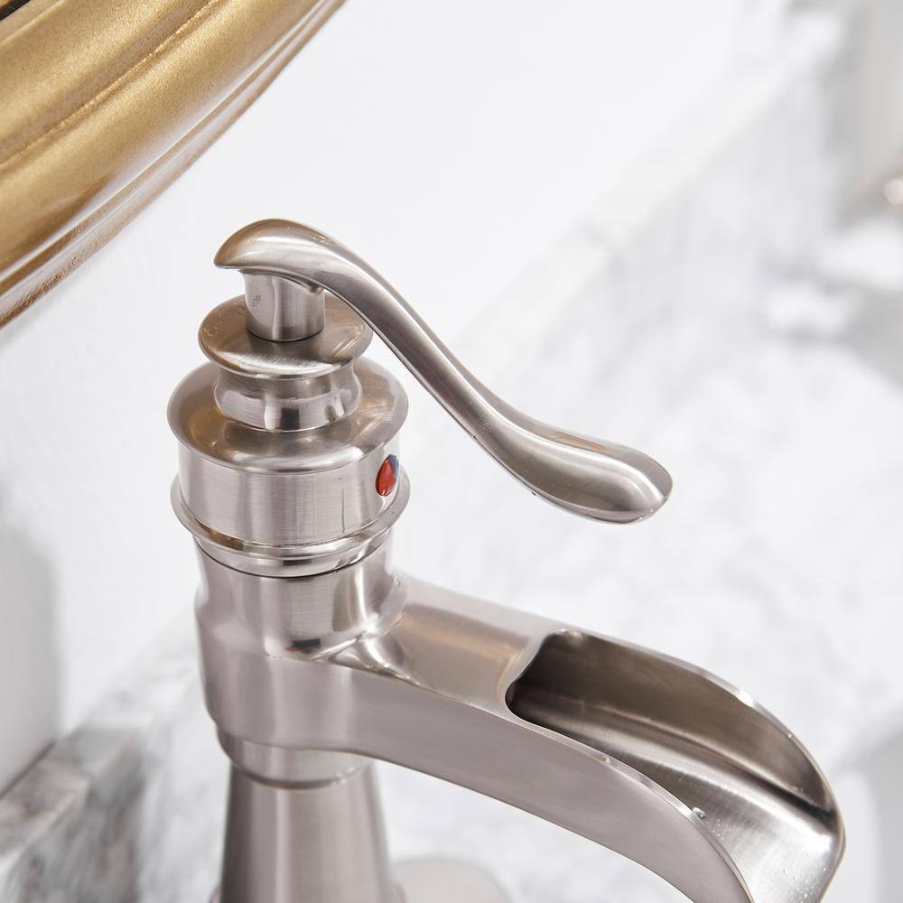 Brushed Nickel Waterfall Single Handle Bathroom Faucet with Pop-Up Drain