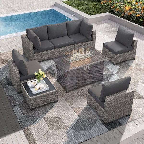 Unbranded 7-Piece Wicker Outdoor Patio Sectional Sofa, All-Weather PE Rattan Conversation Set with Gray Cushions and Coffee Table