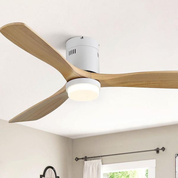 52 in. Indoor/Outdoor Smart Standard Flush Mount Solid Wood White Ceiling Fan with LED Light, App/Remote Control