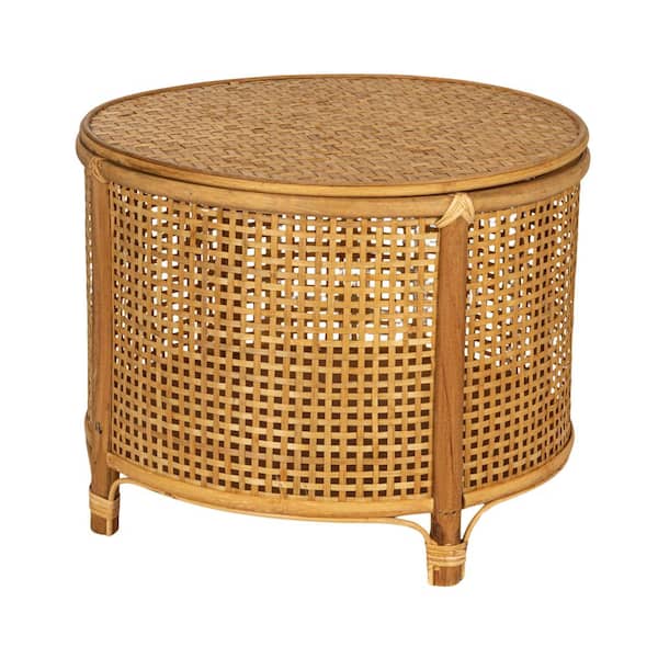 Storied Home 19.29 in. Natural Brown Round Bamboo and Rattan Accent End Table with Storage