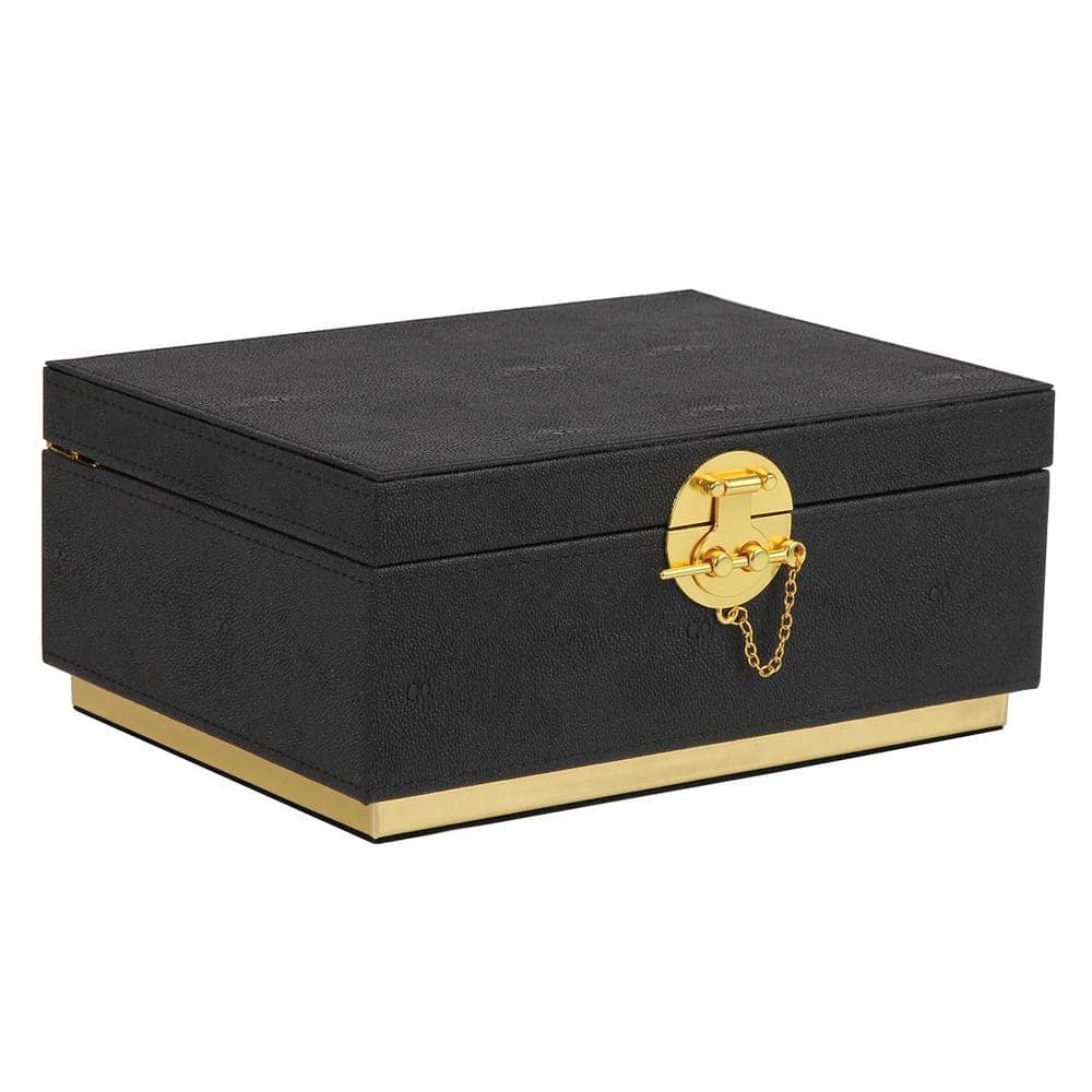 Elegant Black Faux Leather Rectangular Decorative Box with Gold Accents