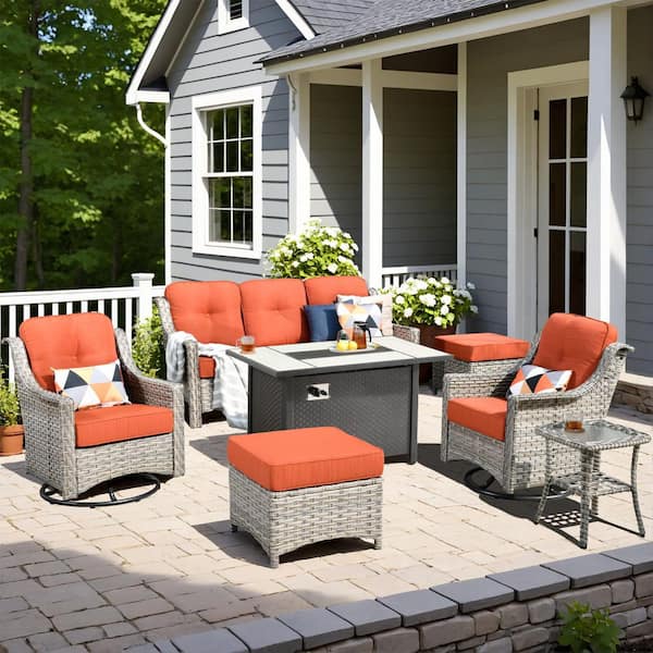 HOOOWOOO Verona 7-Piece Wicker Outdoor Patio Fire Pit Furniture Conversation Sofa Set with Swivel Chairs and Red Cushions