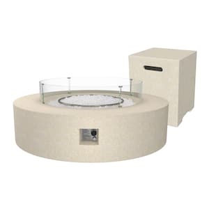42 in. Terrazzo Beige Outdoor Round Gas Fire Pit Table with Tank Holder and Glass Shield