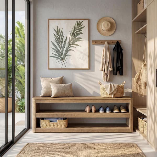 BYBLIGHT 55 in. Brown MDF Entryway Shoe Bench with 2-Shelf
