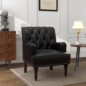 Mid-Century Modern Solid Wood Legs Black PU Leather Button Upholstered Accent Armchair With Nailhead Trim
