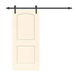 30 in. x 80 in. Beige Stained Composite MDF 2 Panel Round Top Interior Sliding Barn Door with Hardware Kit