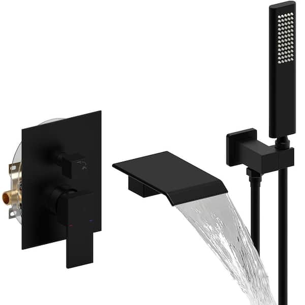 Fapully Single-Handle Waterfall Spout Tub Wall Mount Roman Tub Faucet with Hand Shower in Matte Black