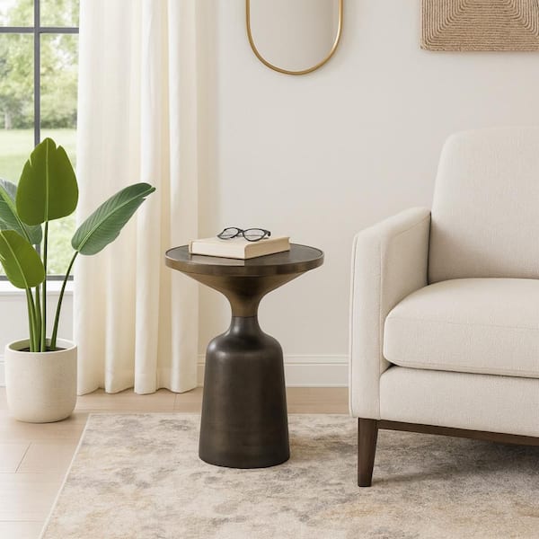 15 in. Green Round Marble End Table with Metal Base